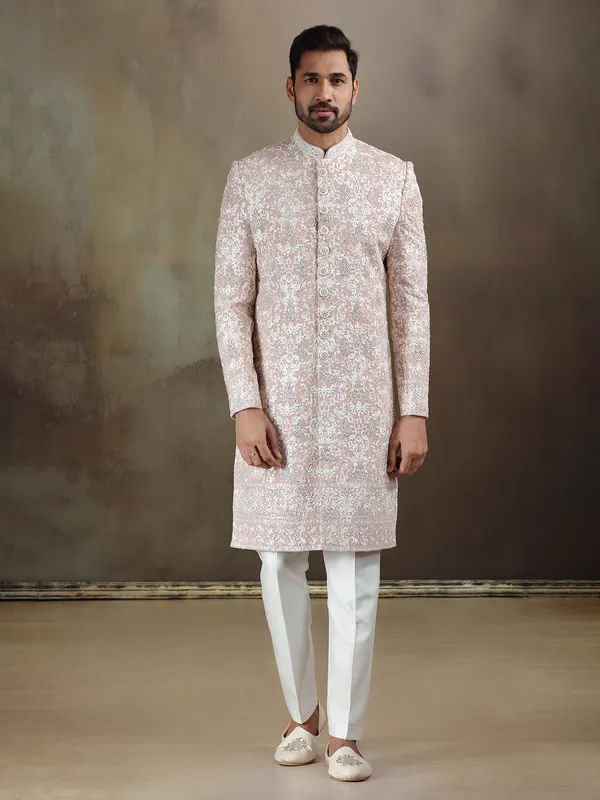 Peach georgette wedding wear sherwani with dupatta