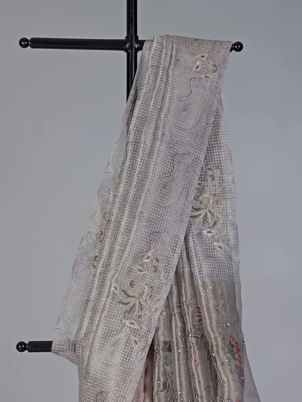 Peach grey semi tissue silk zardosi saree