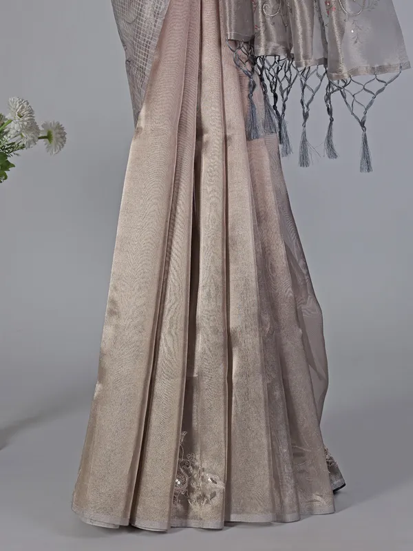 Peach grey semi tissue silk zardosi saree