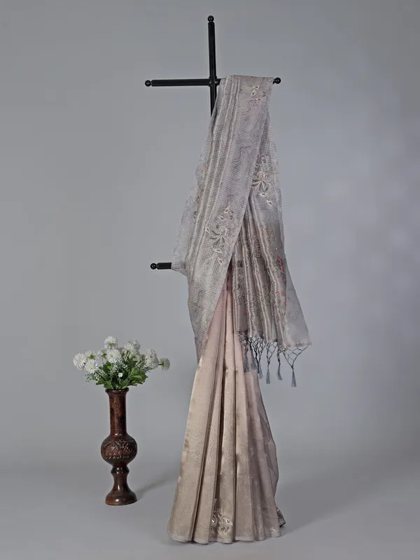 Peach grey semi tissue silk zardosi saree