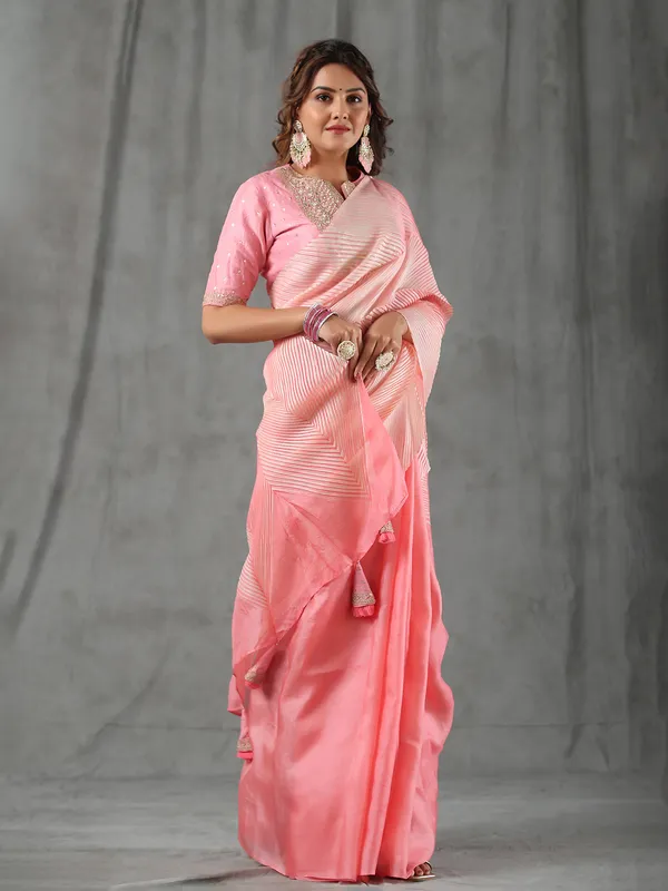 Peach half n half tussar silk saree