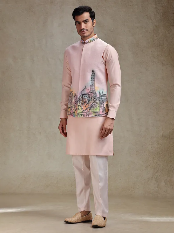 Peach hand printed kurta jacket set for ethnic charm