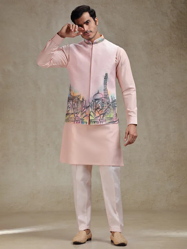 Peach hand printed kurta jacket set for ethnic charm