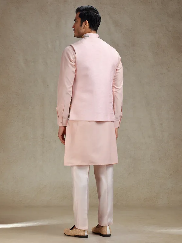 Peach hand printed kurta jacket set for ethnic charm