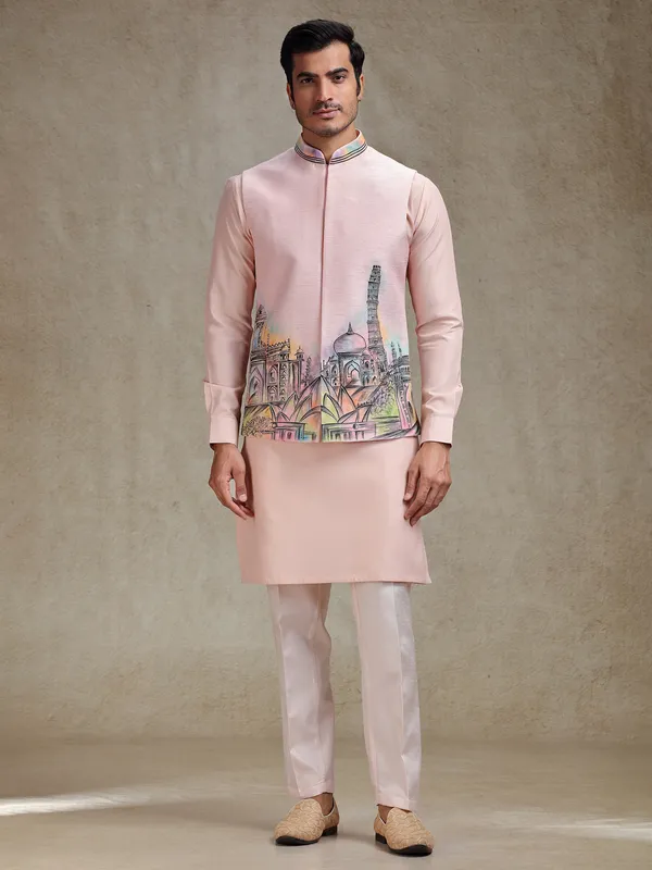 Peach hand printed kurta jacket set for ethnic charm