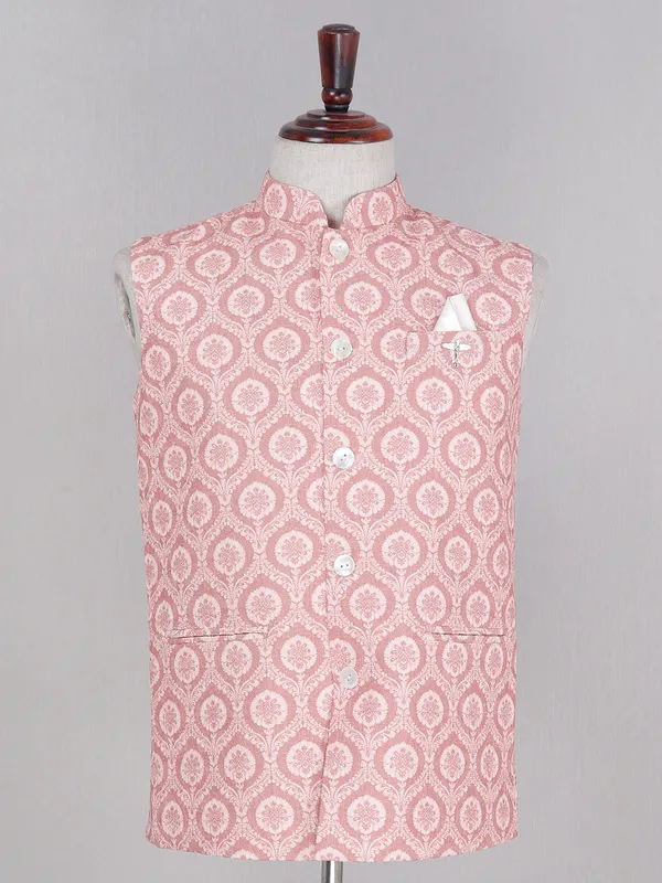 Peach hue printed cotton silk waistcoat