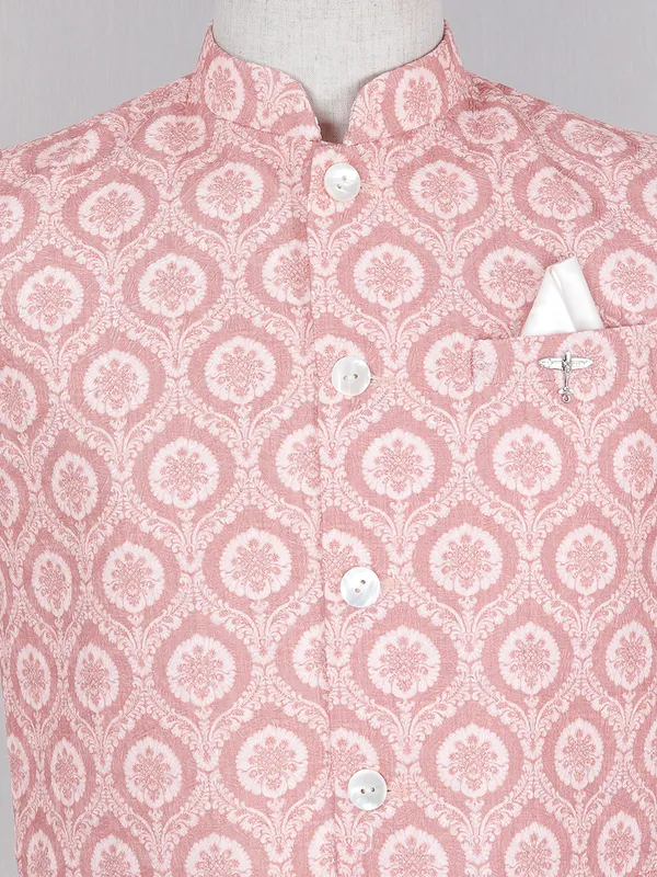 Peach hue printed cotton silk waistcoat