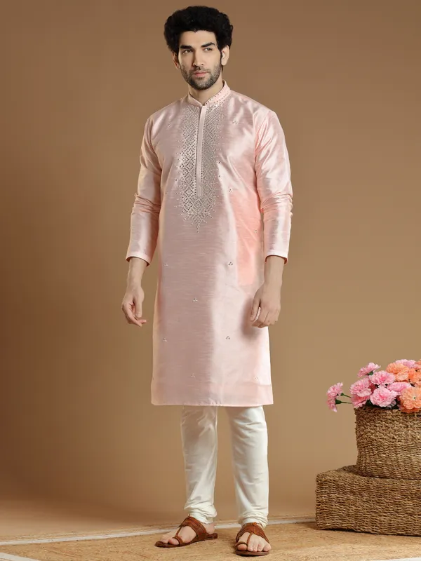 Peach hued cotton silk Kurta Set for Men