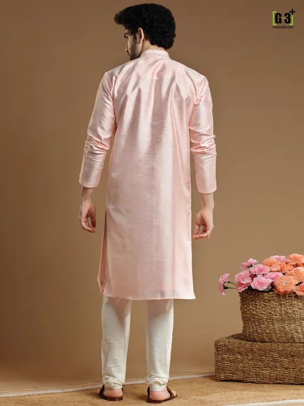 Peach hued cotton silk Kurta Set for Men