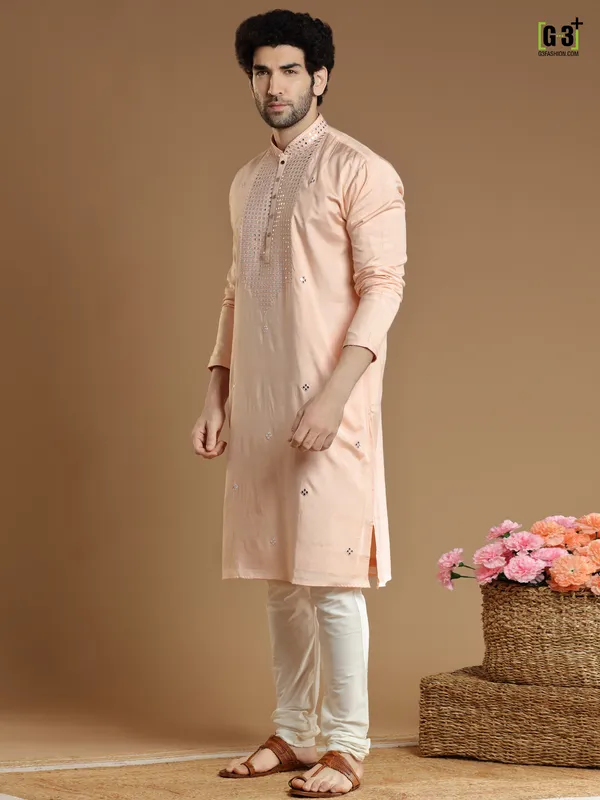 Peach hued festive wear cotton silk kurta suit