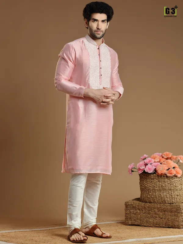 Baby pink hued silk kurta suit for men