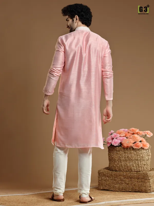 Baby pink hued silk kurta suit for men