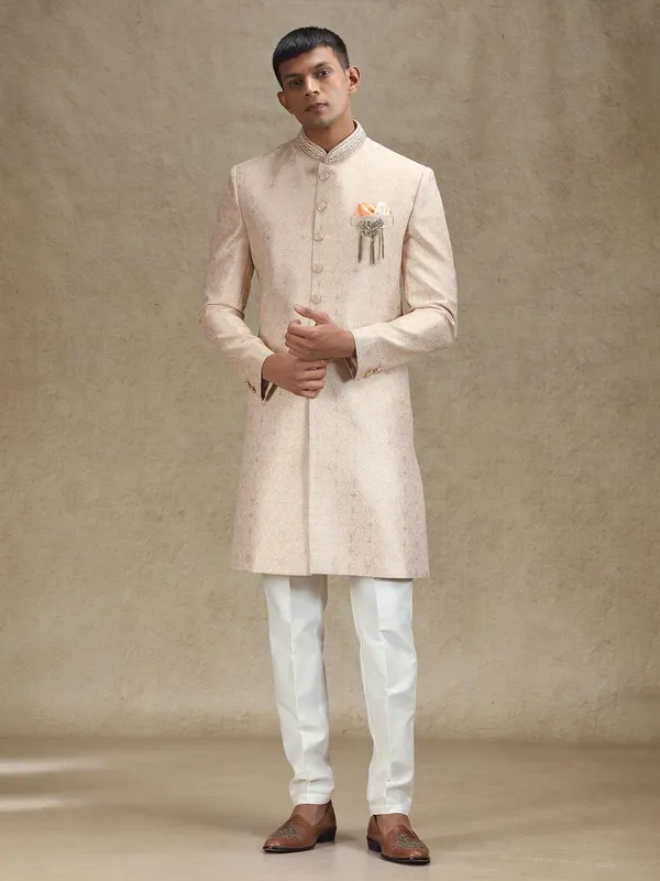 Peach indo western in zari jacquard fabric