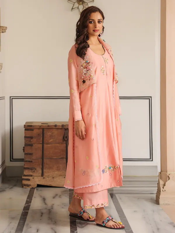 Peach jacket style kurti set in chanderi silk