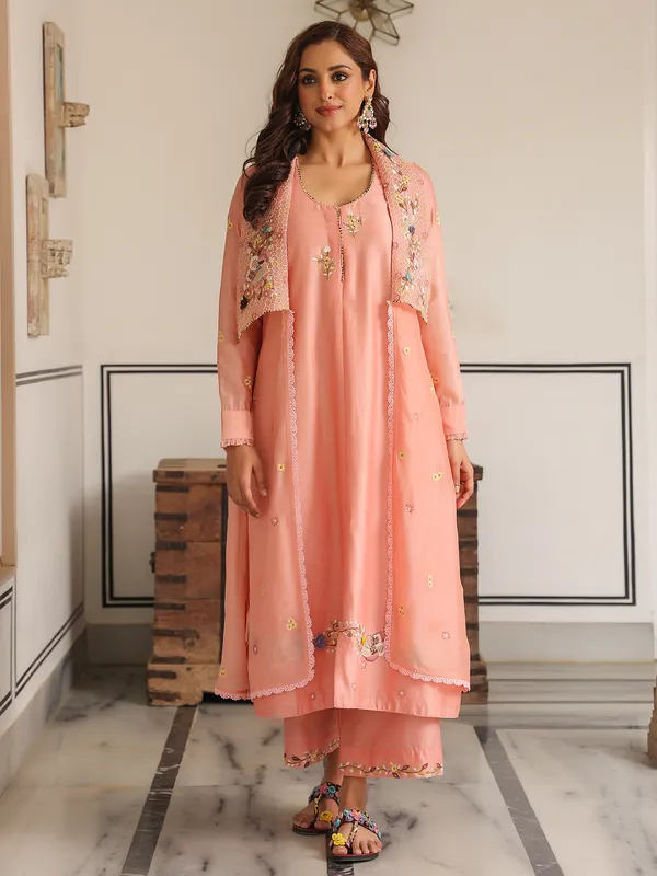 Peach jacket style kurti set in chanderi silk