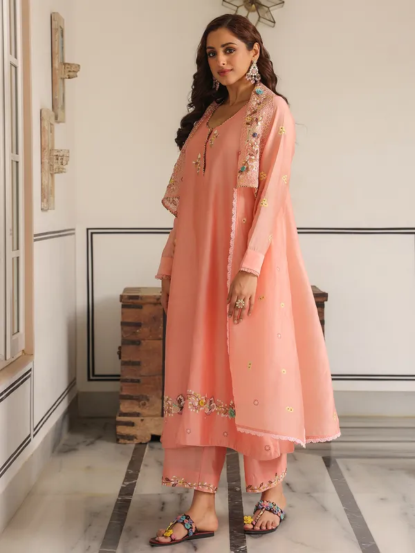 Peach jacket style kurti set in chanderi silk