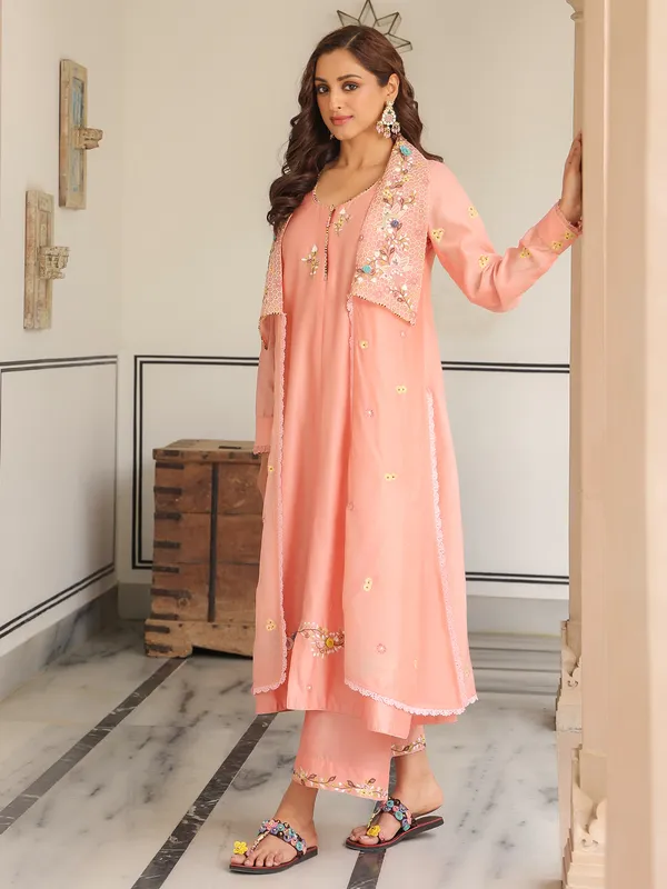 Peach jacket style kurti set in chanderi silk