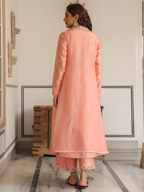 Peach jacket style kurti set in chanderi silk
