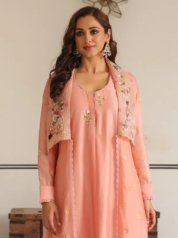 Peach jacket style kurti set in chanderi silk