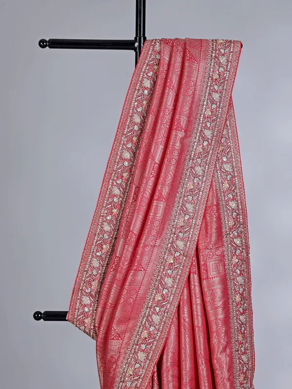 Peach kanjivaram silk saree decorated with sequins and cutdana work
