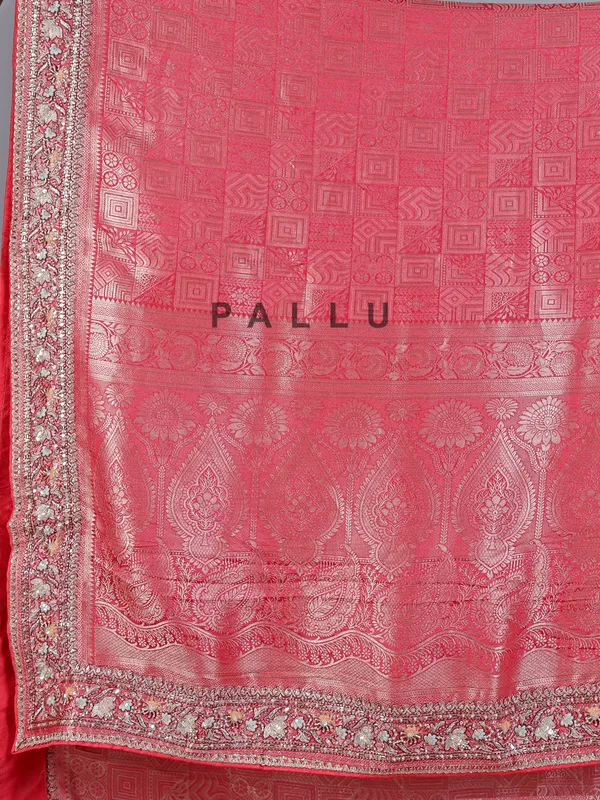 Peach kanjivaram silk saree decorated with sequins and cutdana work