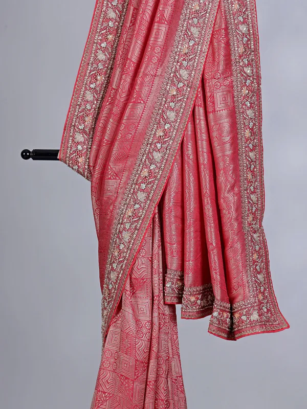 Peach kanjivaram silk saree decorated with sequins and cutdana work
