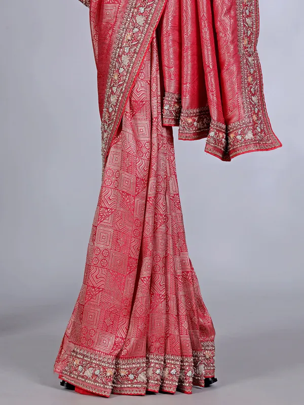 Peach kanjivaram silk saree decorated with sequins and cutdana work