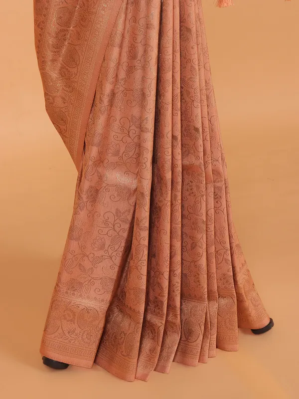 Peach kanjivaram silk saree for festive wear
