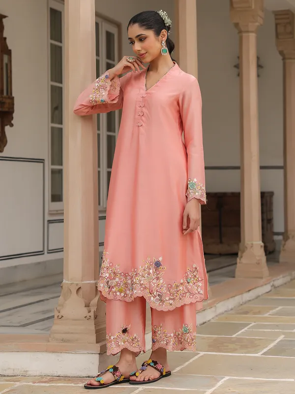 Peach kurti set for women in chanderi silk