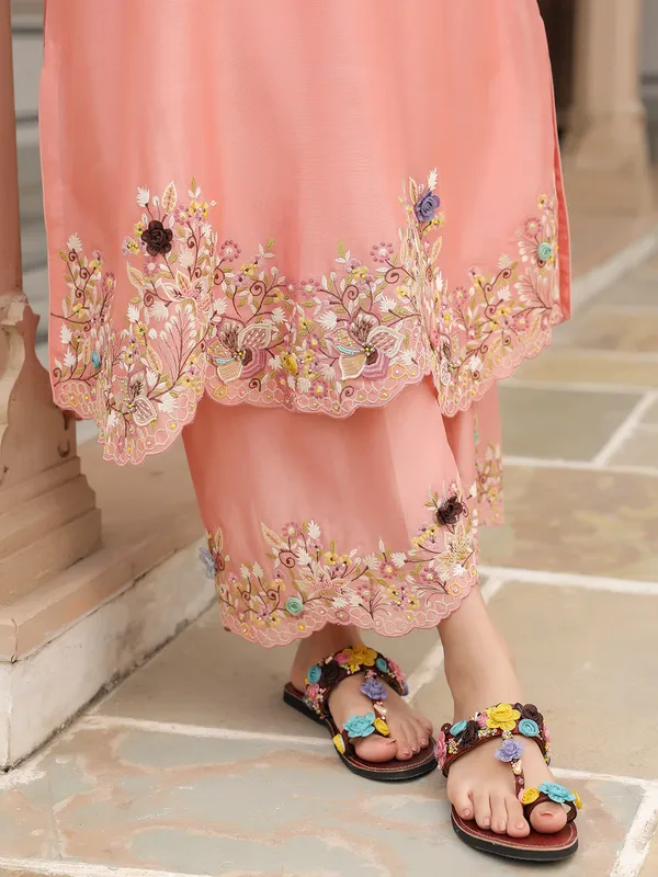 Peach kurti set for women in chanderi silk
