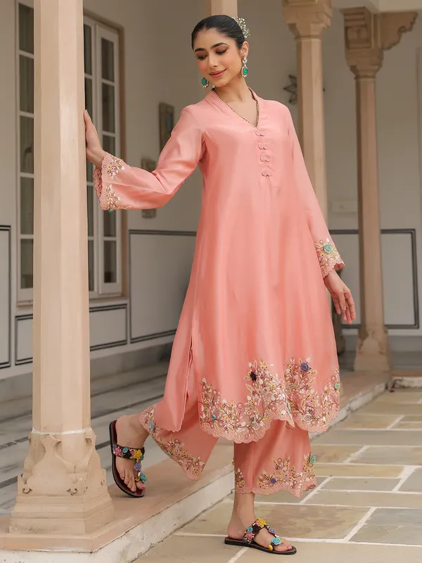 Peach kurti set for women in chanderi silk