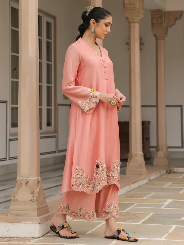 Peach kurti set for women in chanderi silk