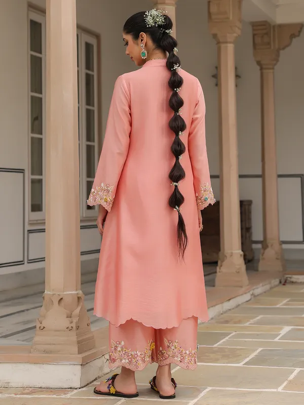 Peach kurti set for women in chanderi silk