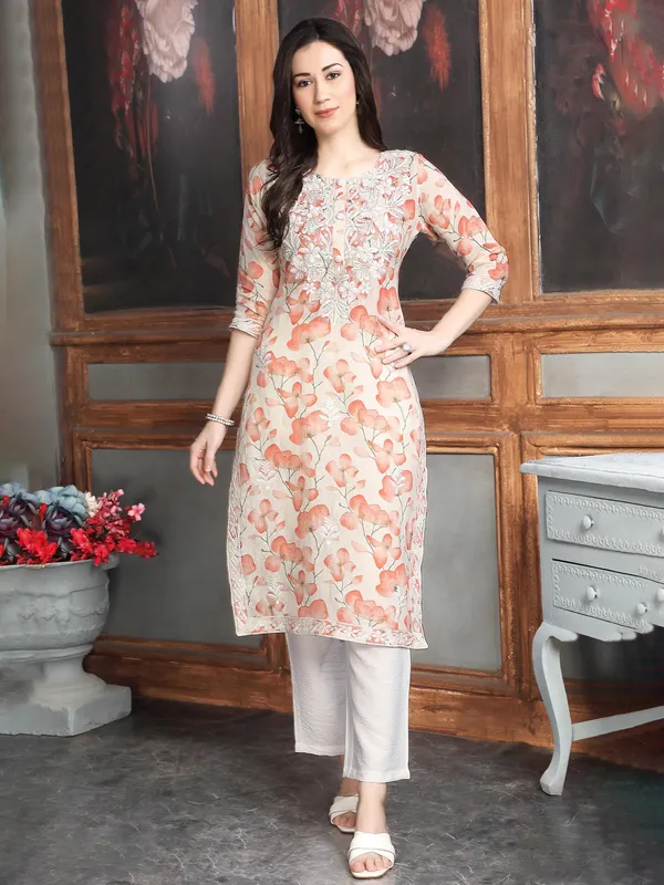 Peach kurti set in cotton silk