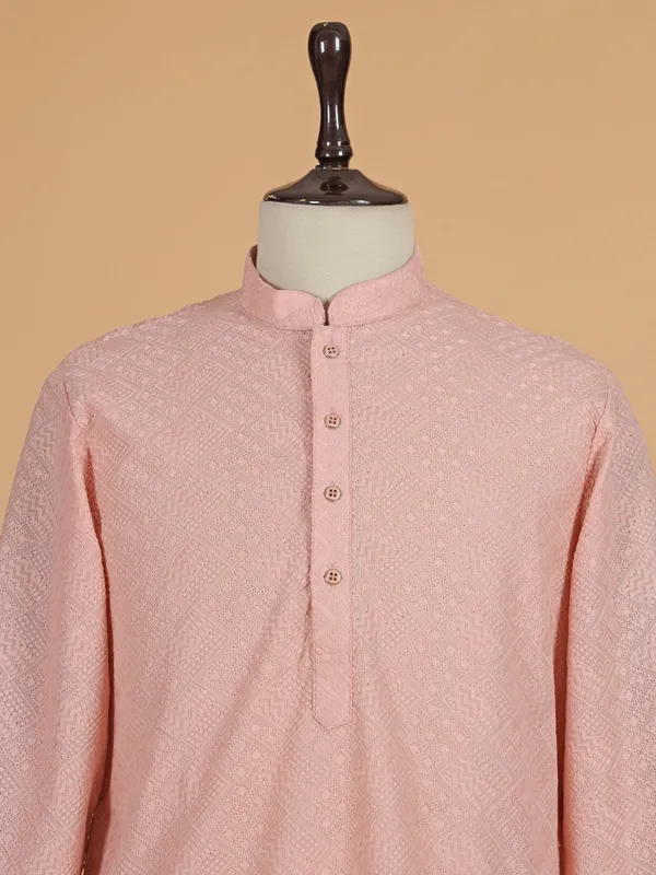 Peach Kurtra suit for men in cotton silk