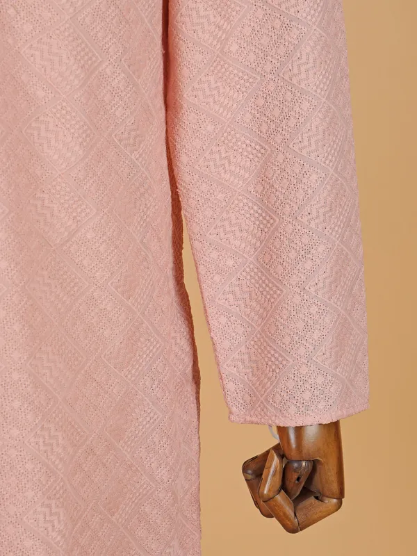 Peach Kurtra suit for men in cotton silk