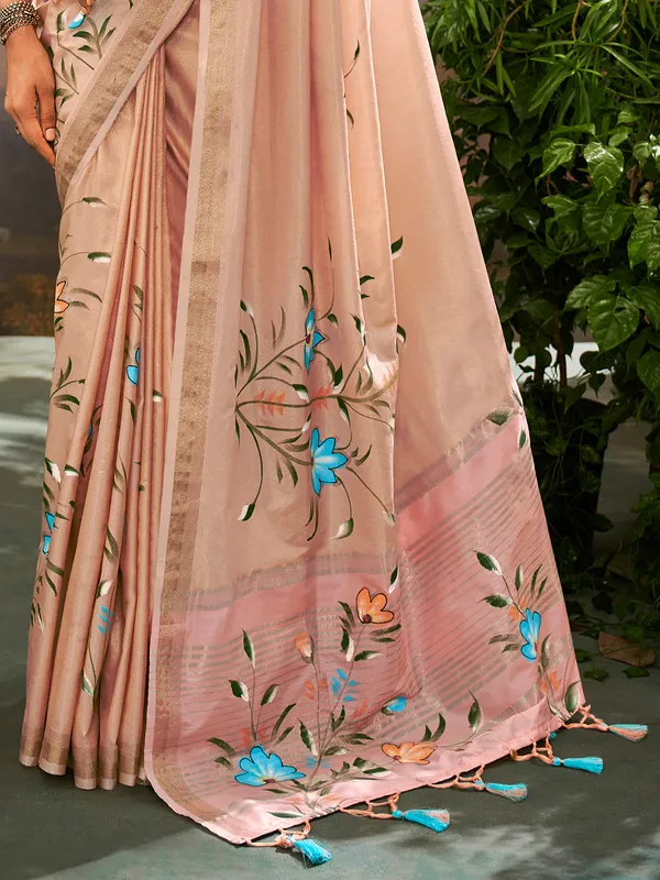 Peach linen printed saree for festival