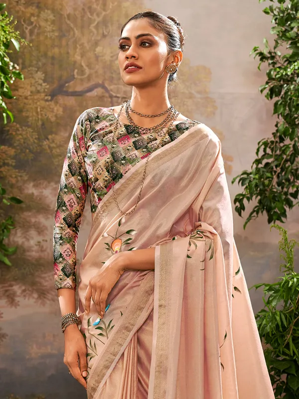 Peach linen printed saree for festival