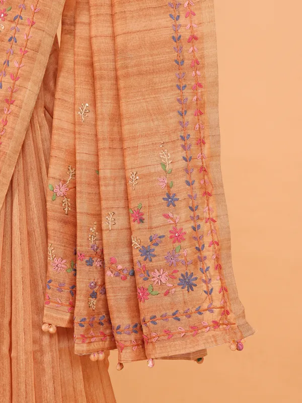 Peach linen thread weaving saree for festive