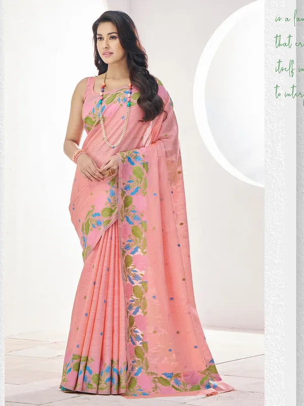 Peach linen thread work saree
