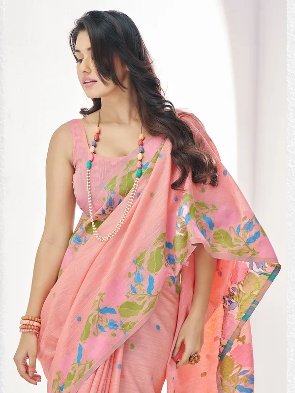 Peach linen thread work saree