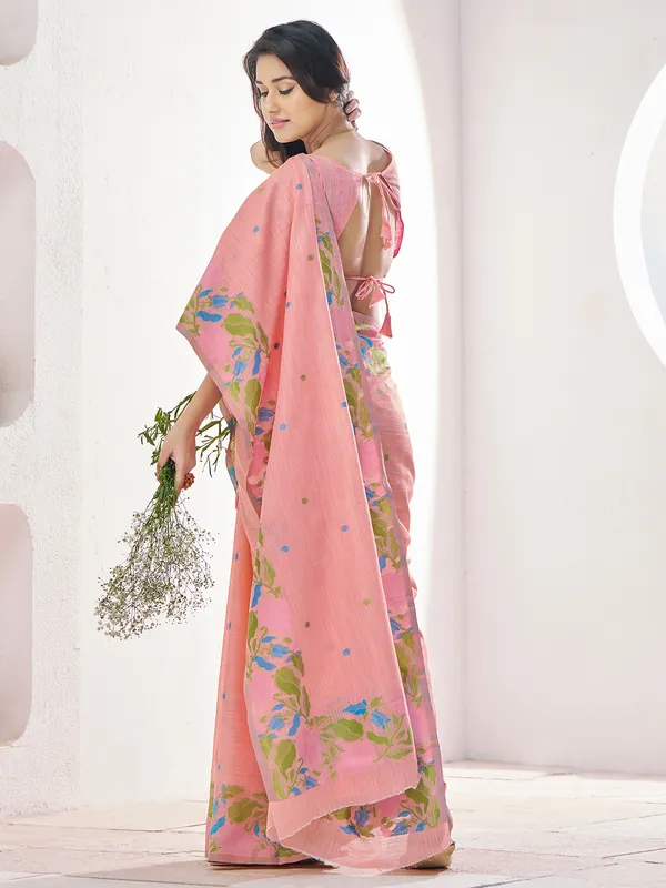 Peach linen thread work saree