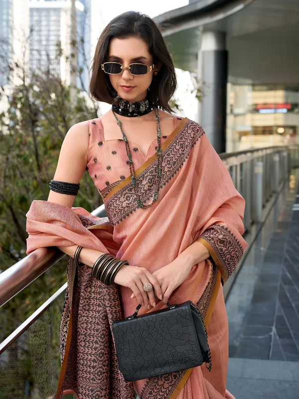 Peach linen tissue silk saree with print