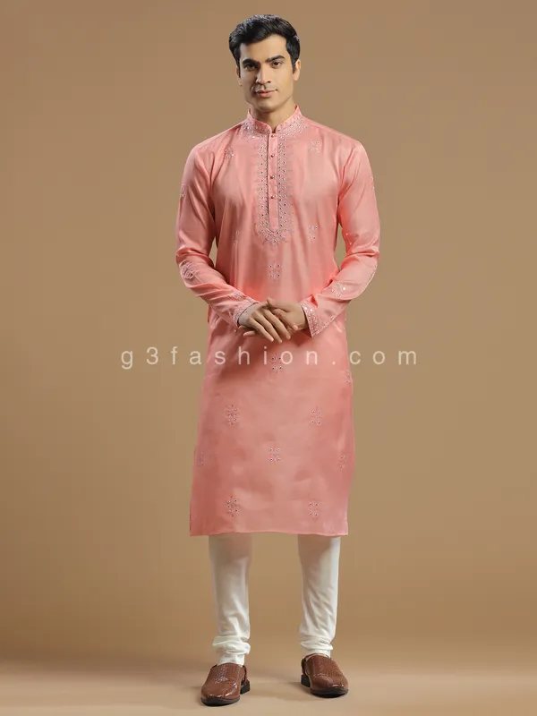 Peach men silk  Kurta pajama for festive look