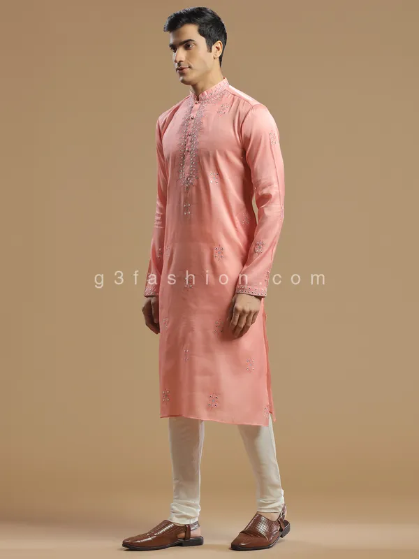 Peach men silk kurta suit for festive look