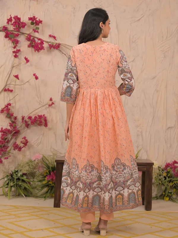 Peach mulmul cotton printed kurti set for festive