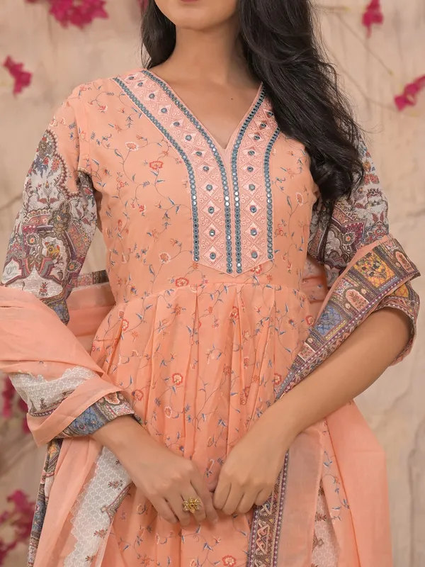 Peach mulmul cotton printed kurti set for festive