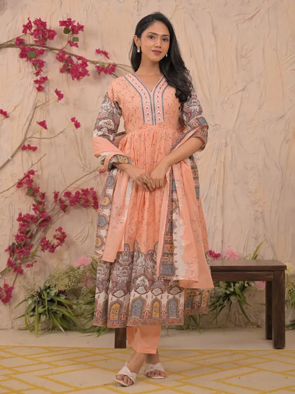 Peach mulmul cotton printed kurti set for festive