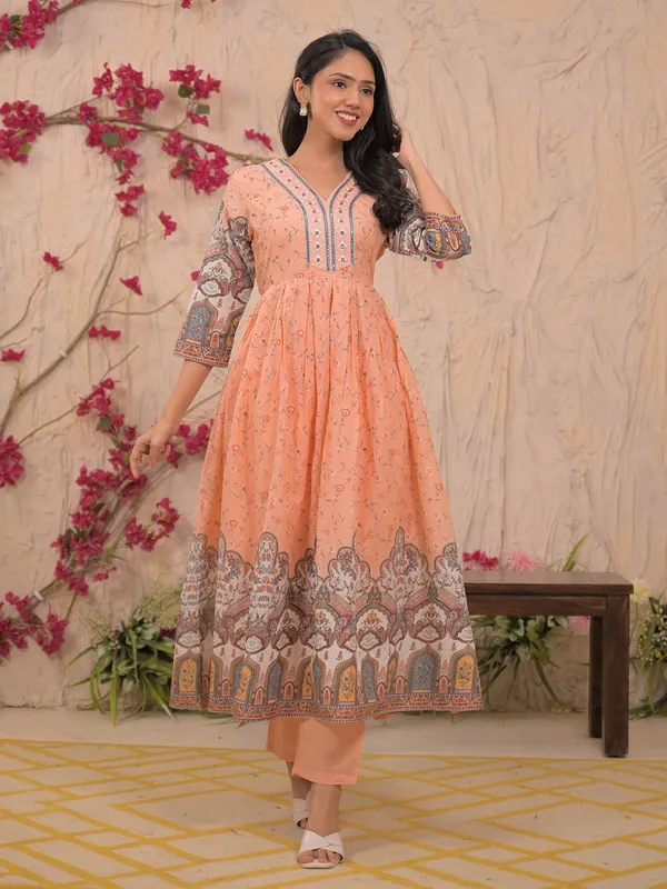 Peach mulmul cotton printed kurti set for festive