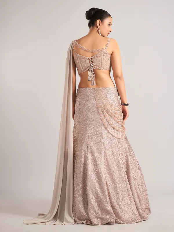 Peach net designer lehenga choli with dupatta